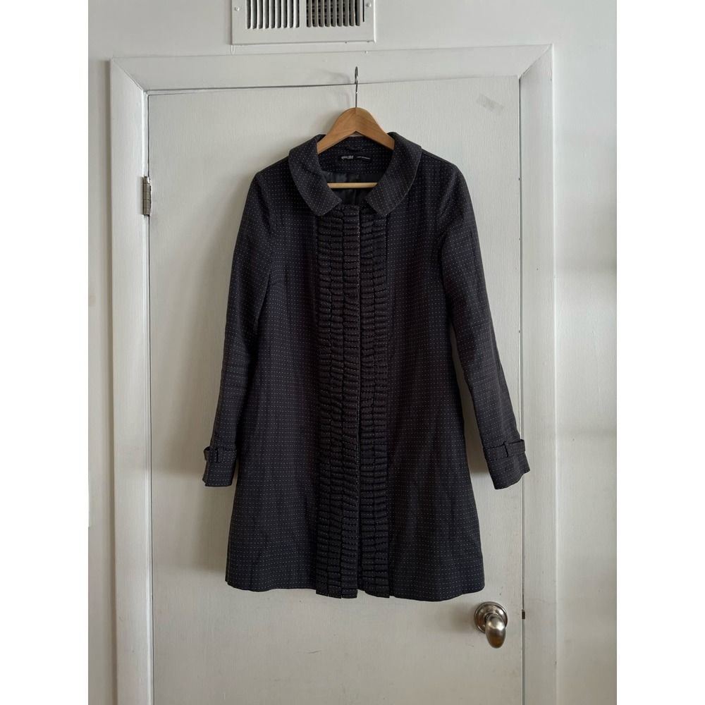 Hale Bob women’s polka dot ruffle front Peter Pan collar navy coat ~S